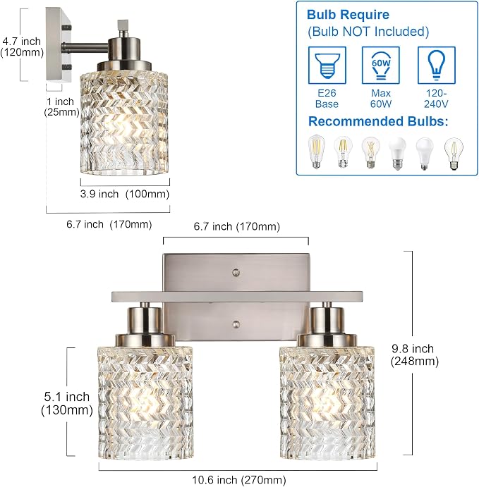 MELUCEE 2-Light Wall Sconce Lighting with Hammered Glass Shade | Brushed Nickel Bathroom Lights Over Mirror, Modern Vanity Lighting Fixtures for Porch Entryway Stair