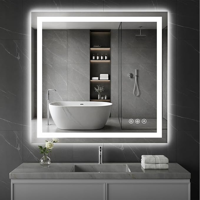 Koonmi 40x36 LED Bathroom Mirror, Shatterproof Mirror with Light | 90CRI Vanity Mirror with Anti-fog Backlit + Front Lit, 3 Color, Easy Install for Bathroom Hotel (IP65)