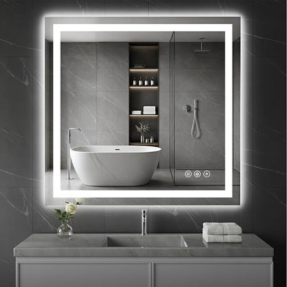 Koonmi 40x36 LED Bathroom Mirror, Shatterproof Mirror with Light | 90CRI Vanity Mirror with Anti-fog Backlit + Front Lit, 3 Color, Easy Install for Bathroom Hotel (IP65)