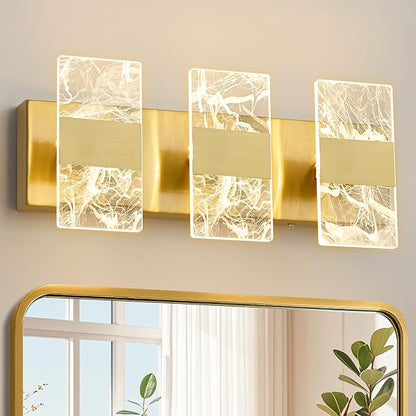 Modern LED Bathroom Light Fixtures Dimmable 3-Light Gold Vanity Light, 5CCT Adjustable Lighting Fixture Vanity Lights Over Mirror, Smoked Acrylic LED Vanity Lights for Bathroom