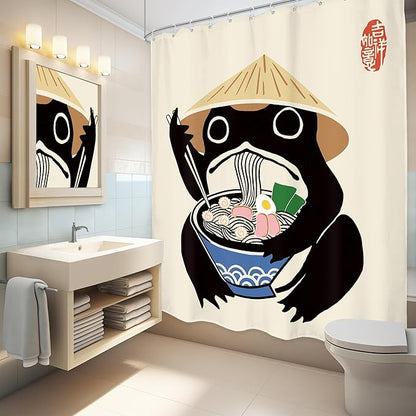 LGhtyro Funny Frog Shower Curtain Bathroom Set 60Wx71H Inches Retro Cute Animal Asian Traditional Japanese Style Noodles Strawhat Vintage Bath Accessories Children Art Home Decor Fabric 12 Pack Hooks