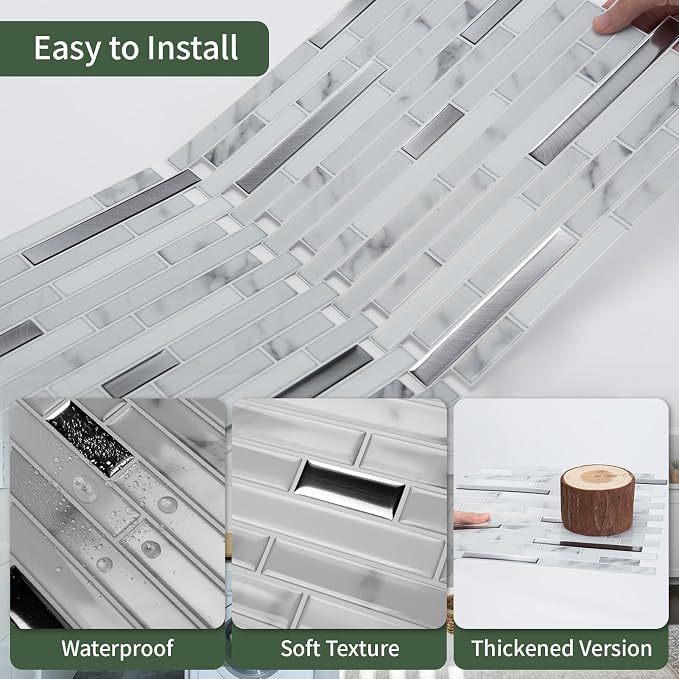 LONGKING 10-Sheet Extra Thick Peel and Stick Backsplash Tiles, Waterproof Kitchen Backsplash Peel and Stick Tile, Self-Adhesive Backsplash for Kitchen, Gray Marble | Peel and stick backsplash, self-adhesive wall tile, Gray Marble, extra thick, waterpro...
