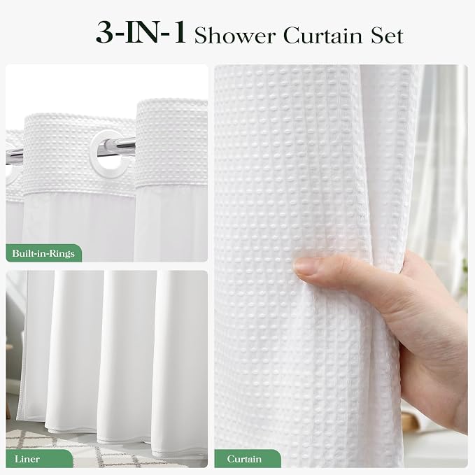 White Hook Free Waffle Shower Curtain & Snap-in Fabric Liner,72x75 | Less Time to install, 3 in 1 Fabric Shower Curtain and Liner Set with Magnets, Mesh Top Window, Shower Curtains for Bathroom