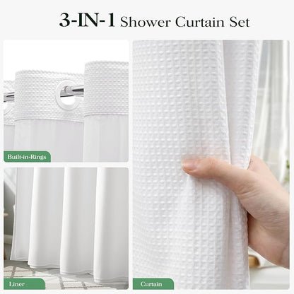White Hook Free Waffle Shower Curtain & Snap-in Fabric Liner,72x75 | Less Time to install, 3 in 1 Fabric Shower Curtain and Liner Set with Magnets, Mesh Top Window, Shower Curtains for Bathroom