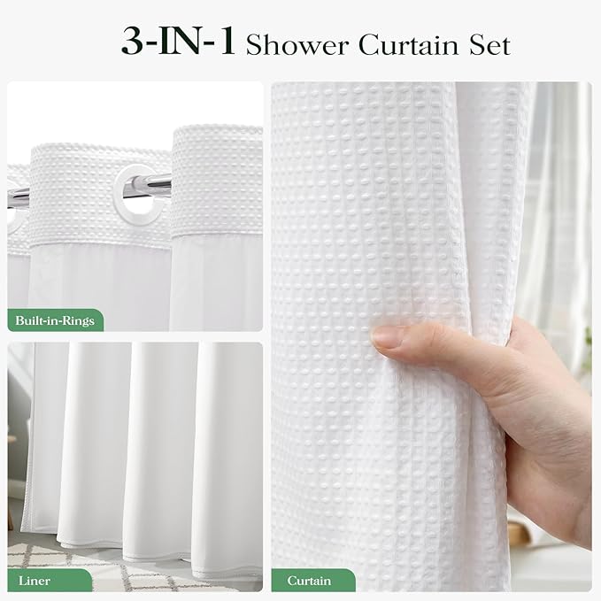 White Hook Free Waffle Shower Curtain & Snap-in Fabric Liner,72x81 | Less Time to install, 3 in 1 Fabric Shower Curtain and Liner Set with Magnets, Long, Shower Curtains for Bathroom