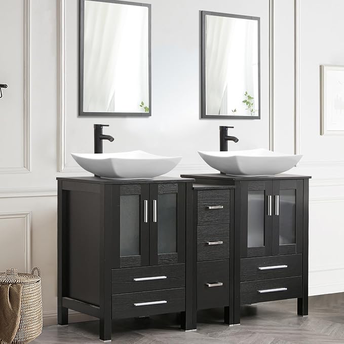 60" Double Sink Bathroom Vanity,Black Bathroom Vanity with Double Side Vanity Cabinets & Removable 3 Drawer Storage Cabinet,Modern Vessel Sink Combo,Mirror Not Included(032WH)