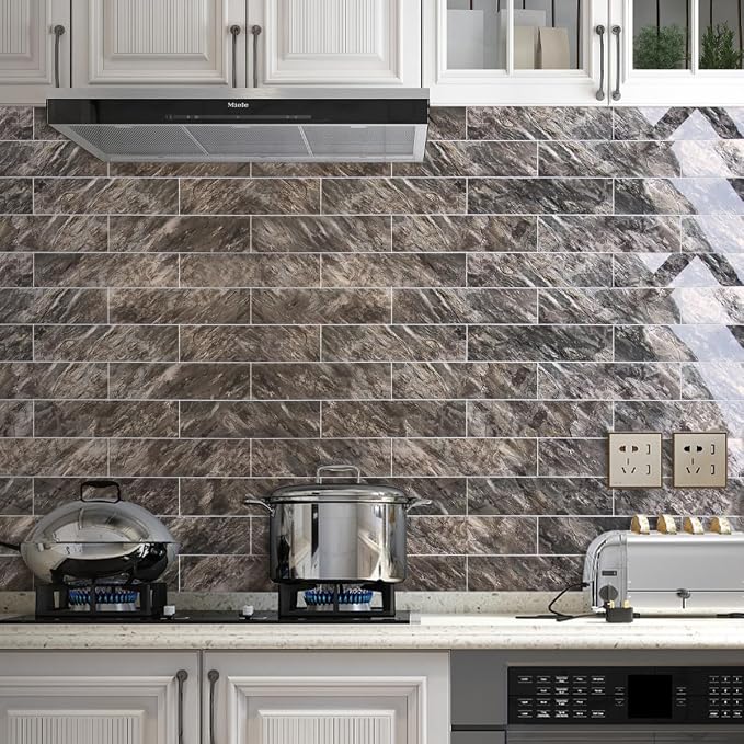 AULIGET 4-Piece Polished Brown Peel and Stick Backsplash Wall Tiles, 3" x 12" PVC Faux Stone Stick on Tiles for Backsplash Kitchen, Bathroom, Laundry Room, Camper, Fireplace