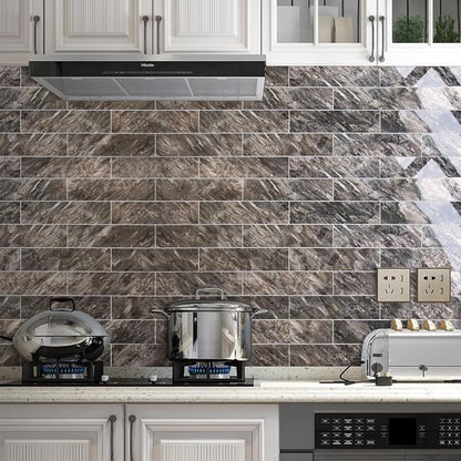 AULIGET 4-Piece Polished Brown Peel and Stick Backsplash Wall Tiles, 3" x 12" PVC Faux Stone Stick on Tiles for Backsplash Kitchen, Bathroom, Laundry Room, Camper, Fireplace