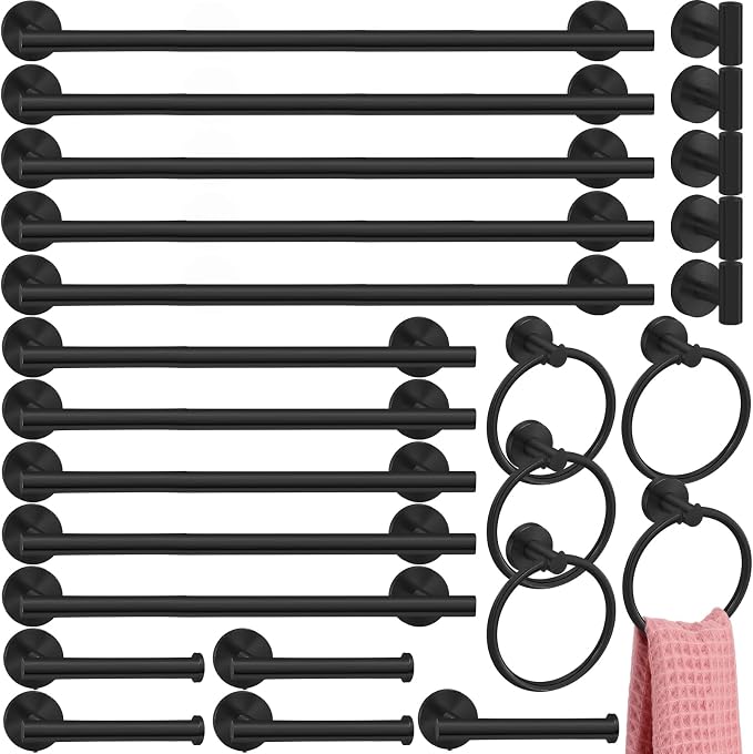 Gisafai 25 Pcs Matte Black Bathroom Accessories Hardware Set Black Towel Racks for Bathroom SUS304 Stainless Steel 23.6 Inch Towel Bar Ring Toilet Paper Holder Robe Hooks for Wall Mounted