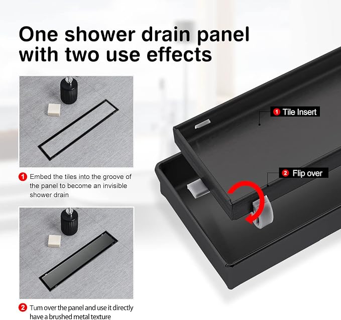 SaniteModar Linear Shower Drain 12 inch Matte Black with Tile Insert Panel | AISI 304 Stainless Steel Black Linear Dain Rectangle Shower Floor Drain with Hair Strainer and Leveling Feet