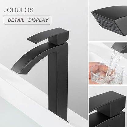 Black Matte Waterfall Vessel Sink Faucet Bathroom, Stainless Steel Tall Bathroom Faucet Single Hole with cUPC Supply Hose and Pop Up Stopper JU-BS101-BK