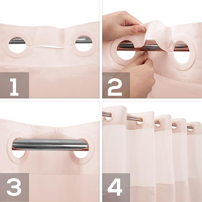 River Dream No Hook Slub Textured Shower Curtain with Snap-in PEVA Liner Set - 71" x 74"(72"), Hotel Style with See Through Top Window, Fabric Outer Curtain & Waterproof Inner Liner, Pink, 71x74