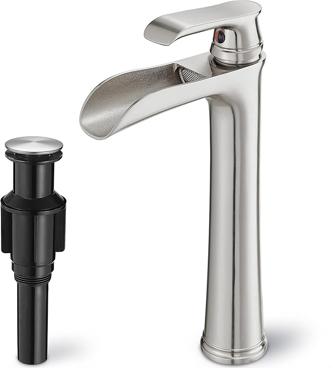 Brushed Nickel Bathroom Faucet Brass Waterfall Faucet for Bathroom Sink, Tall Vessel Sink Faucets, Vanity Faucet 1 Hole Single Handle with Pop-Up Drain Supply Hoses for Lavatory RV Farmhouse