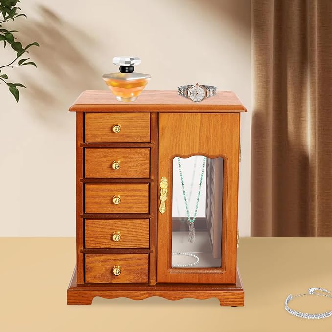 Vintage Wood Jewelry Box with 5 Drawers, Desktop Jewelry Organizer with Glass Door & Mirror, Necklace Ring Storage Display Case Built-in Necklace Carousel, Brown (Light Brown, 5 Drawers)