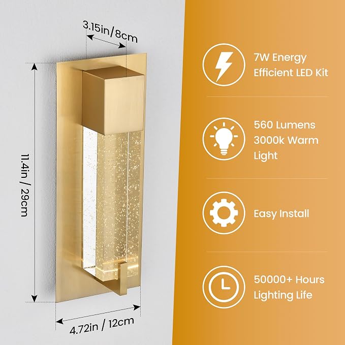WOSHITU LED Wall Sconce Light: 11 Inch Gold Modern Sconces Wall Lighting 3000K Dimmable Crystal Wall Lamps Indoor Bathroom Sconce Wall Mount Light Fixtures for Living Room/Bedroom/Hallway