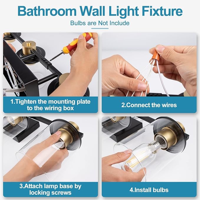 Lightdot 4 Light Bathroom Vanity Light, 27.5" Black and Gold Bathroom Light Fixtures with Glass Waterproof Shades, Rust-Proof Modern Vanity Lights Over Mirror for Kitchen Hallway Cabinet Porch