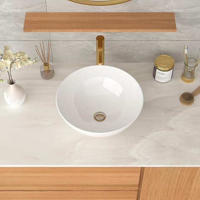 16''x16'' Vessel Sink - Round White Ceramic Porcelain Above Counter Bowl for Bathroom Vanity, Small Art Basin
