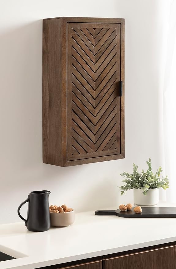 Kate and Laurel Mezzeta Decorative Modern One-Door Floating Bathroom Cabinet, 15 x 7 x 28, Brown, Decorative Over Toilet Storage Cabinet Made from Solid Mango Wood with Slatted Chevron Design