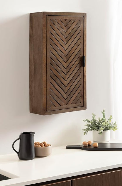 Kate and Laurel Mezzeta Decorative Modern One-Door Floating Bathroom Cabinet, 15 x 7 x 28, Brown, Decorative Over Toilet Storage Cabinet Made from Solid Mango Wood with Slatted Chevron Design
