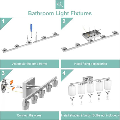 Honesorn 5-Light Bathroom Vanity Light, Anti-Rust Bathroom Light Fixtures | Bathroom Light Over Mirror, Milky White Frosted Shades, Brushed Nickel, E26 Socket(Bulbs Not Included)