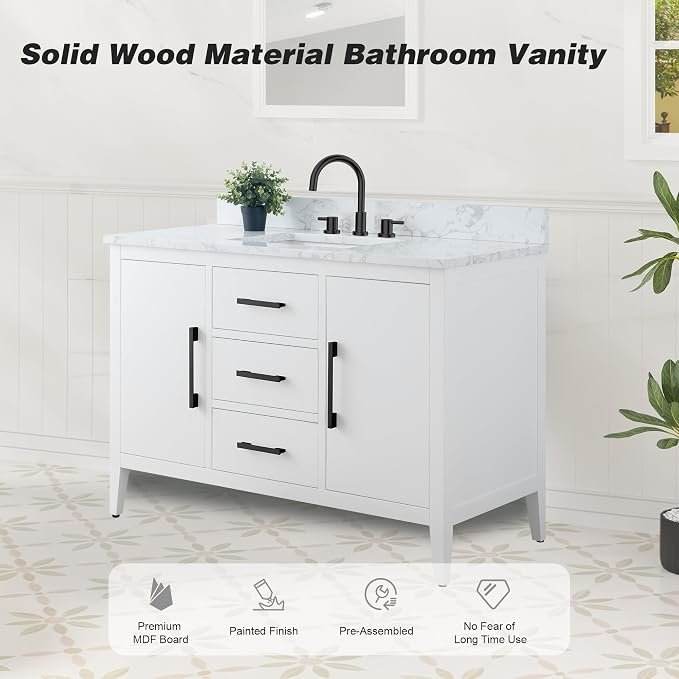 48 Inch Bathroom Vanity with Sink & Ceramic Top, Single Vanity Cabinet with Basin, Soft-Closing Doors & Matte Black Hardware, White