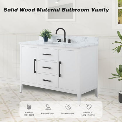 48 Inch Bathroom Vanity with Sink & Ceramic Top, Single Vanity Cabinet with Basin, Soft-Closing Doors & Matte Black Hardware, White