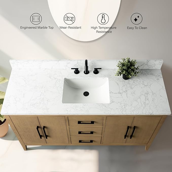 Vanity Art 60 inch Bathroom Vanity with Single Sink & Ceramic Top, Vanity Cabinet with Soft-Closing Doors, Drawers, Solid Wood Frame, Natural Oak, VA9060-SNO-MB1