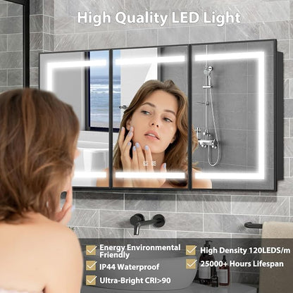 ROOMTEC 60 x 32 Inch Medicine Cabinet Mirror with LED Lights, Black Bathroom Medicine Cabinet with Mirror and Storage, Recessed or Wall Mount, 3 Color Temperature, Dimmable Light