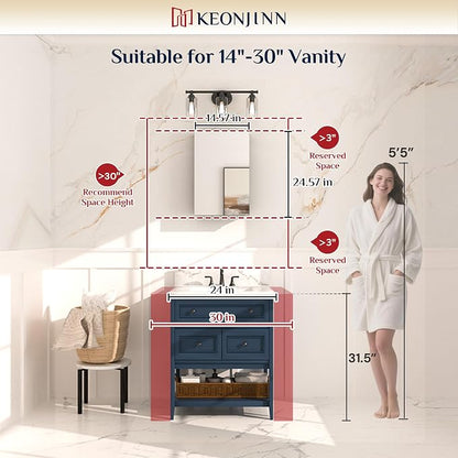 Keonjinn White Bathroom Medicine Cabinet Mirror 14 x 24 in, Tempered Glass | Effortless Assembly, Adjustable Shelves, Wall Mount or Recessed, Soft Close with DTC Hinges, Lightweight, Clear Reflection