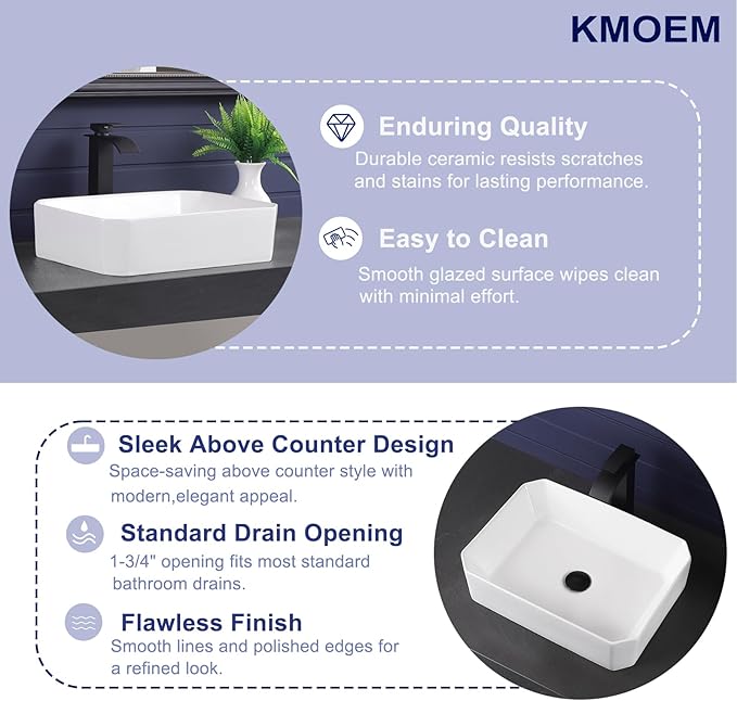 Vessel Sink 20"x14" Rectangular Bathroom Sink Modern White Porcelain Ceramic Above Counter Drop-in Vanity Sink for Bathrooms Art Basin