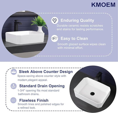 Vessel Sink 20"x14" Rectangular Bathroom Sink Modern White Porcelain Ceramic Above Counter Drop-in Vanity Sink for Bathrooms Art Basin