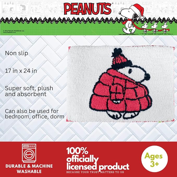 Collectibles Peanuts Snoopy Puffer Coat Holiday & Christmas Non Slip Plush Poly Knit Bathroom Mat Rug, 17x24, (Officially Licensed Product) By Franco