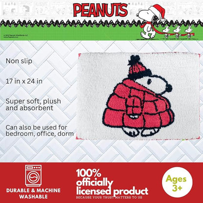 Collectibles Peanuts Snoopy Puffer Coat Holiday & Christmas Non Slip Plush Poly Knit Bathroom Mat Rug, 17x24, (Officially Licensed Product) By Franco