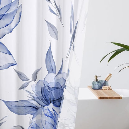 Litabel Dark Blue Boho Watercolor Floral Shower Curtain, Ink Painting Style Blossom & Leaf Shower Curtains for Chic Elegant Bathroom, Artistic Fabric Cloth Modern Flower Shower Curtain, 72x72