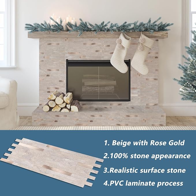 Yipscazo 2 Sheets PVC Wall Tiles Stick on Tiles for Backsplash Kitchen, Bathroom, Laundry Room, Camper, Fireplace (6'' X 12'', Stone)