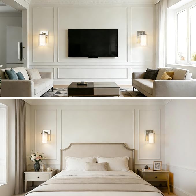 Wall Sconces Set of Two, Modern Brushed Nickel Vanity Wall Lights | Double Clear Glass Shades With E26 Base, Farmhouse Wall Lights For Bathroom, Bedroom, Living Room, Mirror And Hallway.