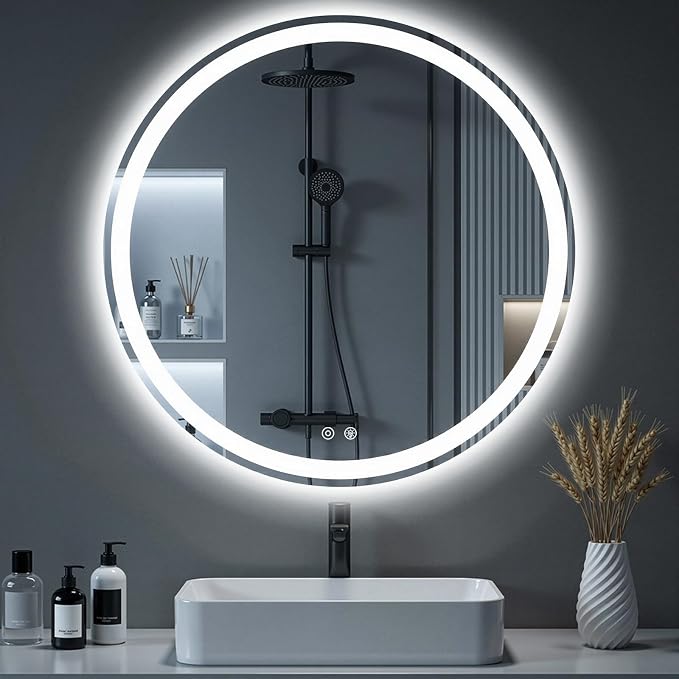 NEWBULIG 36'' Round LED Bathroom Mirror with Lights, Circle Vanity Mirror | Anti-Fog, Dimmable, 3-Color Light, Front Light and Backlit, Memory Function, Tempered Glass