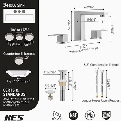 KES Brushed Nickel Bathroom Faucet 3 Hole, Includes All Metal Bathroom Sink Drain Without Overflow, 8 Inch Widespread Bathroom Sink Faucet, Vanity Faucet with cUPC Supply Line, L4350LFF12-BS-C2