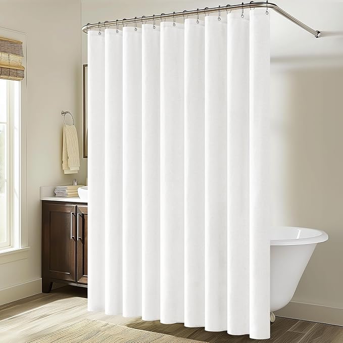 MIULEE W108*L72 Extra Wide Linen Shower Curtain White 18 Metal Hooks | Large Fabric Curtain Set, Waterproof Neutral Thick Cloth Shower Curtains, Bathroom Hotel Bathtub, Washable