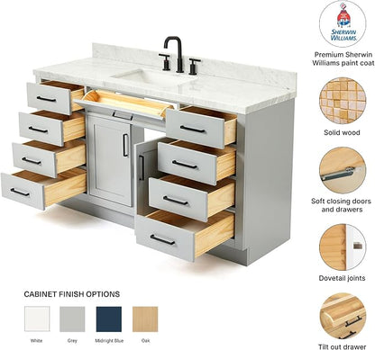 Isabella 60 Inch Bathroom Vanity Single Sink — Grey Bathroom Vanity with Sink, 1.5" Edge Italian Carrara Marble Countertop, Solid Wood, 2 Soft-Close Doors, 8 Dovetail Drawers + Tilt Drawer