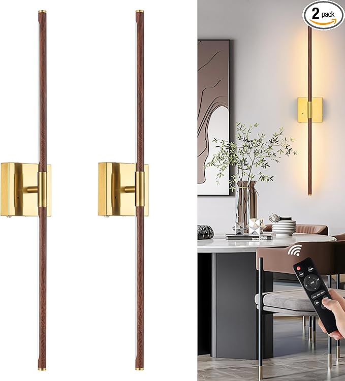 40″ Walnut Battery Operated Wall Sconces Set of Two, Dimmable Wall Sconce with Remote Control, Rechargeable Sconces Wall Lighting, LED Wireless Wall Lights for Bedroom, Living Room