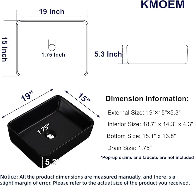 Vessel Sink 19"x15" Rectangular Bathroom Sink Modern Black Porcelain Ceramic Above Counter Drop-in Vanity Sink for Bathrooms Art Basin