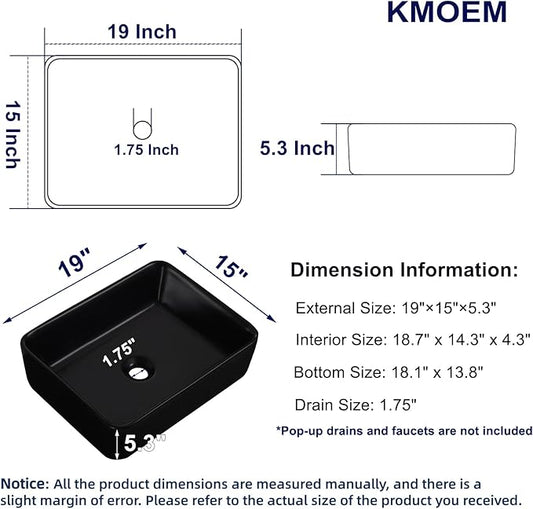 Vessel Sink 19"x15" Rectangular Bathroom Sink Modern Black Porcelain Ceramic Above Counter Drop-in Vanity Sink for Bathrooms Art Basin
