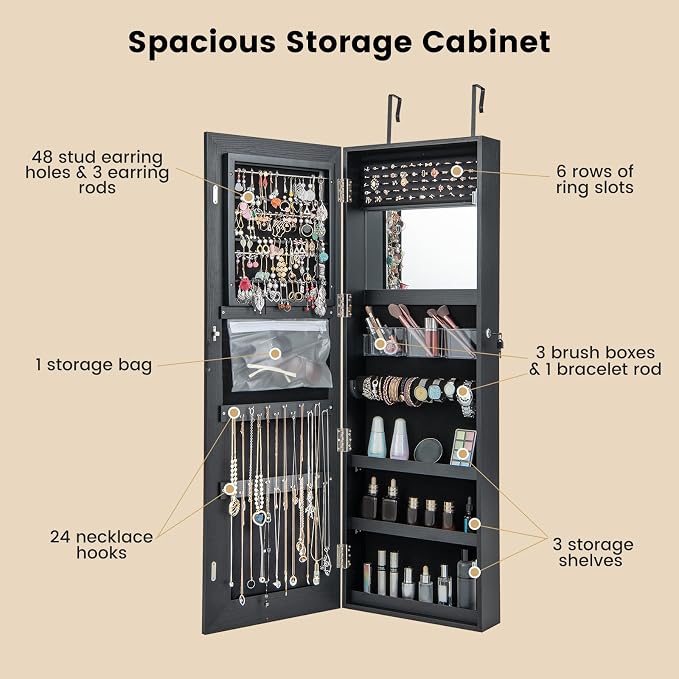 CHARMAID LED Mirror Jewelry Cabinet, 47.2'' Jewelry Armoire with Adjustable Lighted Full Length Mirror, Wall Mounted or Door Hanging, Lockable Jewelry Organizer Storage (Black, 47.2''H)