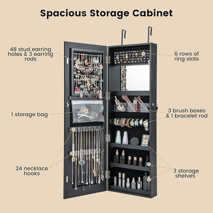 CHARMAID LED Mirror Jewelry Cabinet, 47.2'' Jewelry Armoire with Adjustable Lighted Full Length Mirror, Wall Mounted or Door Hanging, Lockable Jewelry Organizer Storage (Black, 47.2''H)