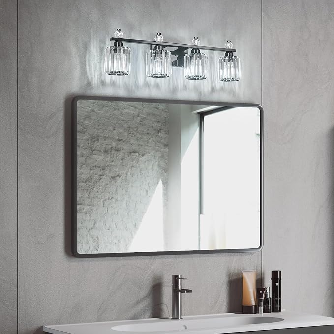 Bathroom Vanity Lights 4-Light Plating Black Modern Crystal Vanity Light Fixtures Over Mirror Crystal Bathroom Vanity Lighting Fixtures