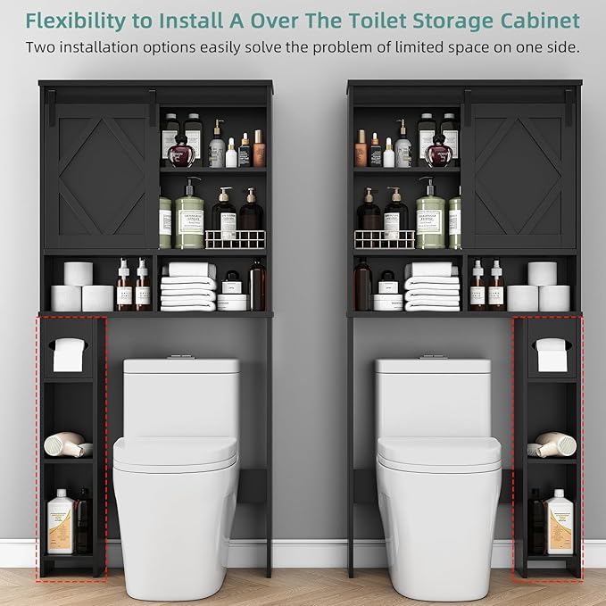 Over the Toilet Storage Cabinet with Farmhouse Sliding Barn Door, Above Toilet Organizer with Toilet Paper Holder Stand, Behind Toilet Shelf, Space Saver for Restroom, Bathroom, Laundry, Black