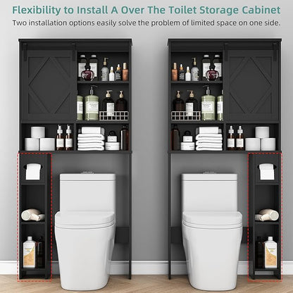 Over the Toilet Storage Cabinet with Farmhouse Sliding Barn Door, Above Toilet Organizer with Toilet Paper Holder Stand, Behind Toilet Shelf, Space Saver for Restroom, Bathroom, Laundry, Black