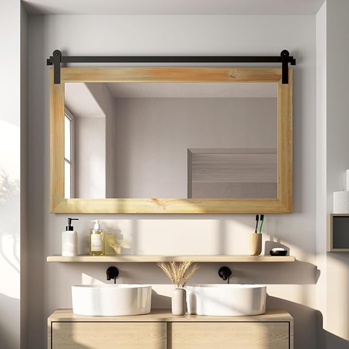 COGOOD Farmhouse Bathroom Mirrors for Over Sink - 26 x 41 Burlywood | Rustic Barn Door Wood Framed Vanity Mirror for Entryway, Living Room, Bedroom, Dresser Wall Decor