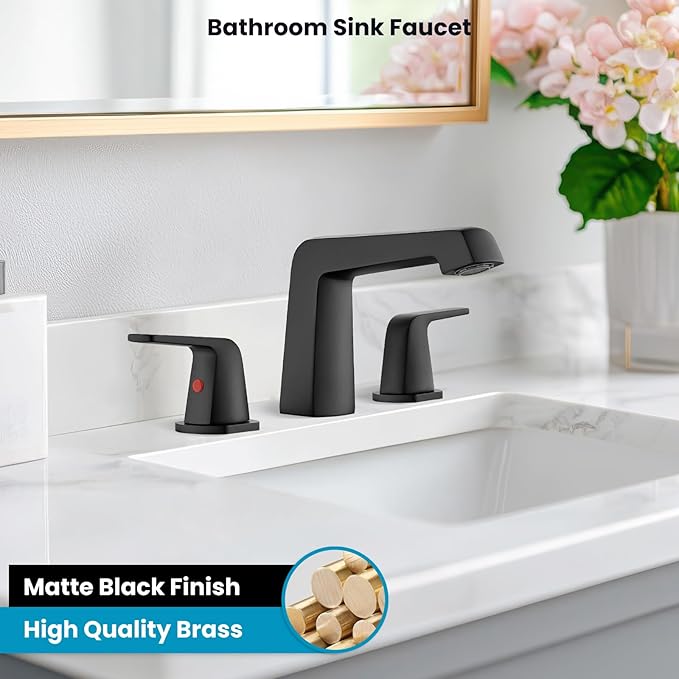 gotonovo Bathroom Sink Faucet 3 Holes 2 Handles Widespread 8 Inch Bathroom Faucet with Pop Up Drain Hot Cold Water Supply Lines Lavatory Vanity Mixer Tap, Thick Style, Matte Black